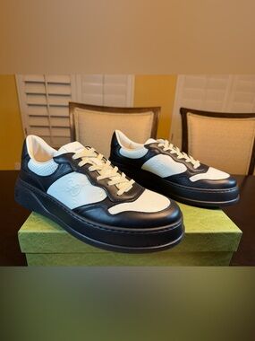 New Authentic Gucci GG Supreme Logo Sneakers Shoes Black White UK 12.5 / US 13